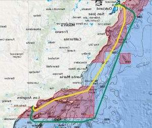 Pacific coast map from San Francisco to Los Angeles showing the vessel speed reduction zones, 澳博体育app下载's previous route along the coast, and 澳博体育app下载's adjusted route around the speed reduction zones.